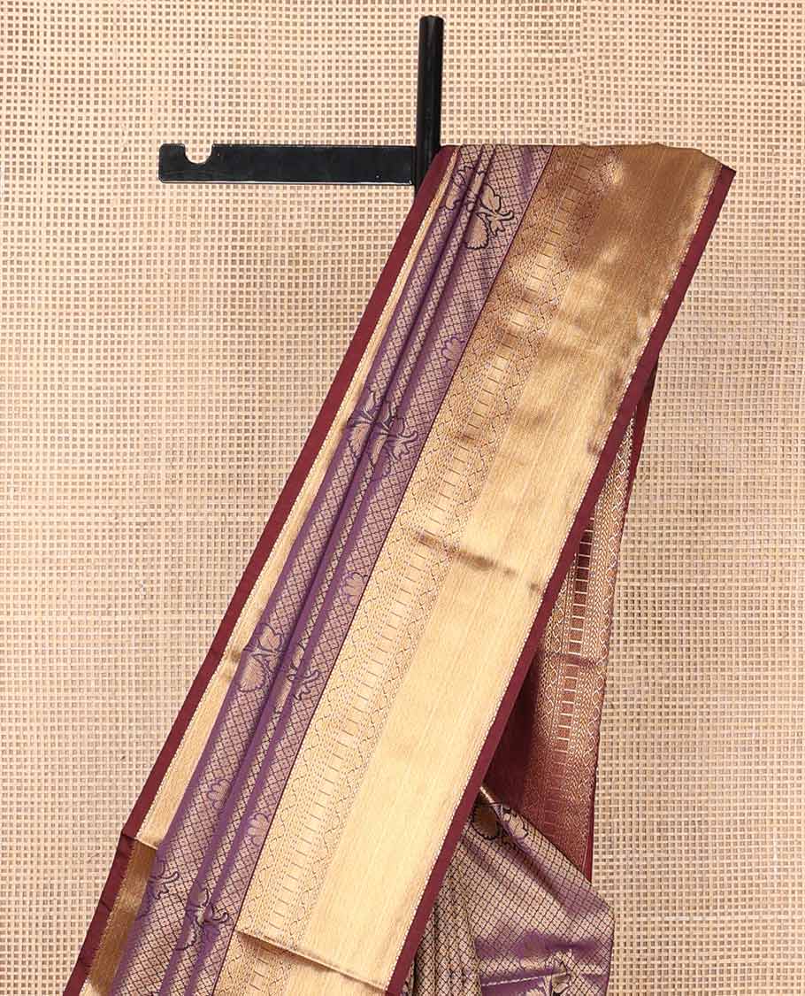 Violet checked, motifs soft silk saree with self zari design border & floral design pallu