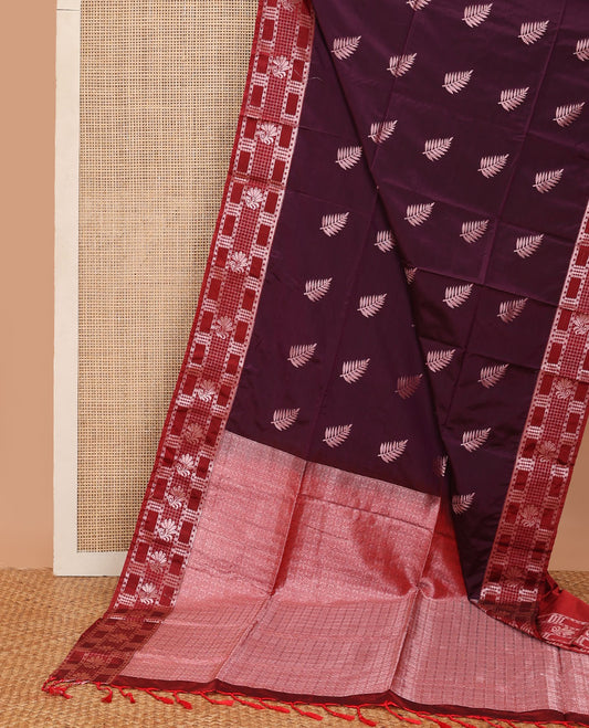 Purple semi-soft silk saree with leaf zari buttas, contrast geometric & floral zari border, & pallu of butta enclosed checked design