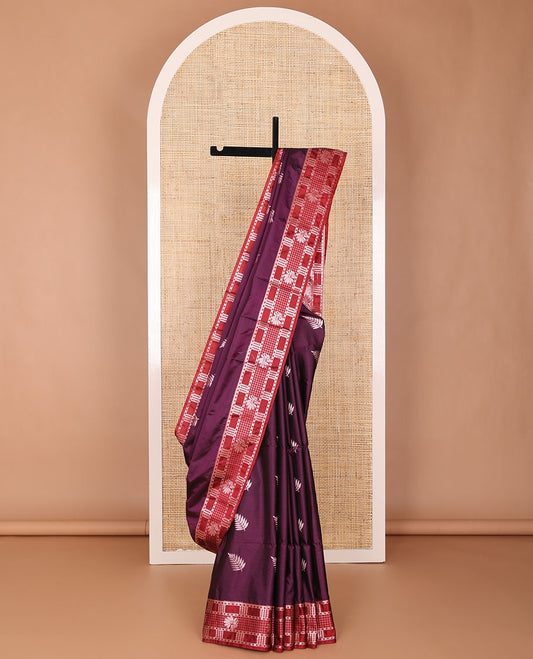 Purple semi-soft silk saree with leaf zari buttas, contrast geometric & floral zari border, & pallu of butta enclosed checked design