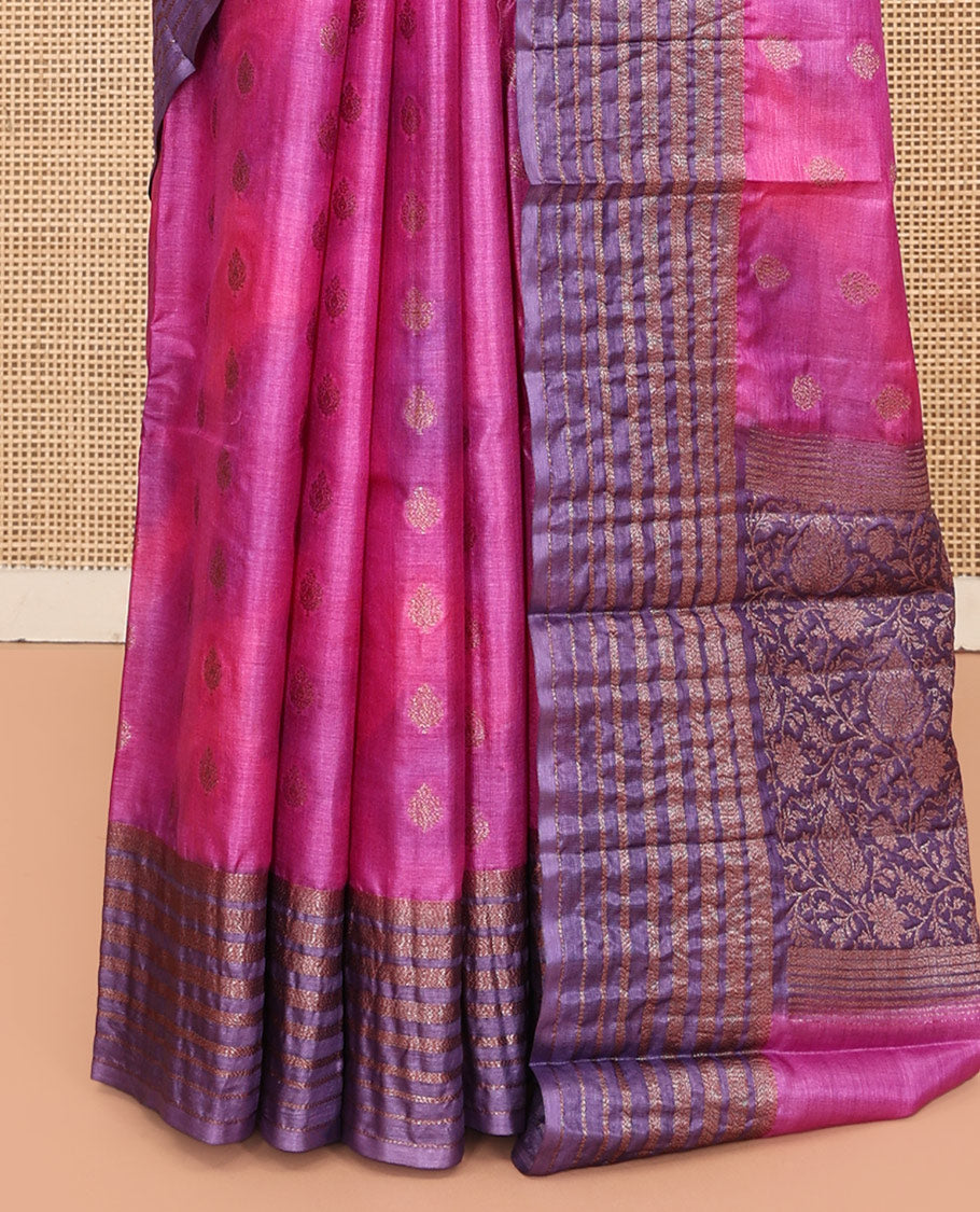 Pink-PurpleTussar Silk Saree, Subtly Sparkled with Zari Buttas, Highlighted by a Zari Border, Floral Design Pallu, and a Matching Blouse