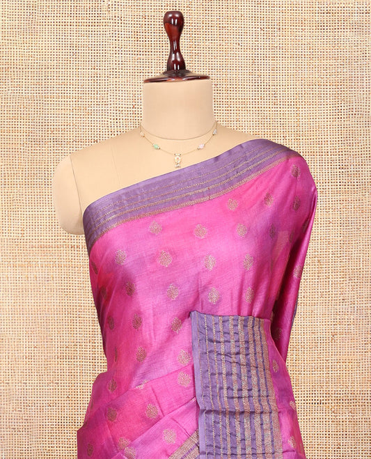 Pink-PurpleTussar Silk Saree, Subtly Sparkled with Zari Buttas, Highlighted by a Zari Border, Floral Design Pallu, and a Matching Blouse