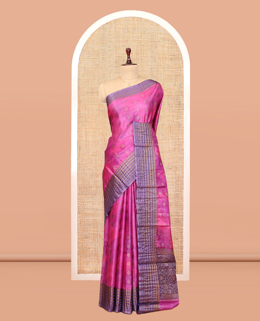 Pink-PurpleTussar Silk Saree, Subtly Sparkled with Zari Buttas, Highlighted by a Zari Border, Floral Design Pallu, and a Matching Blouse