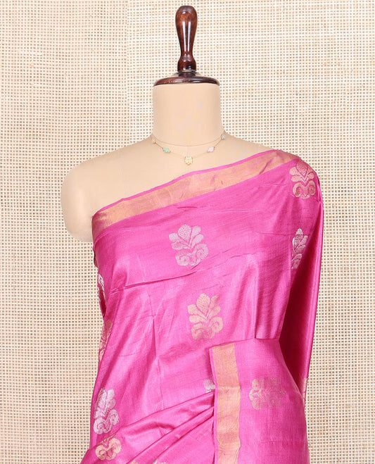 Rani Pink Tussar Silk Saree, Spotlighted with Buttas on Its Body, Piping Border, Pallu Features Zari Checks, and Paired with a Matching Blouse
