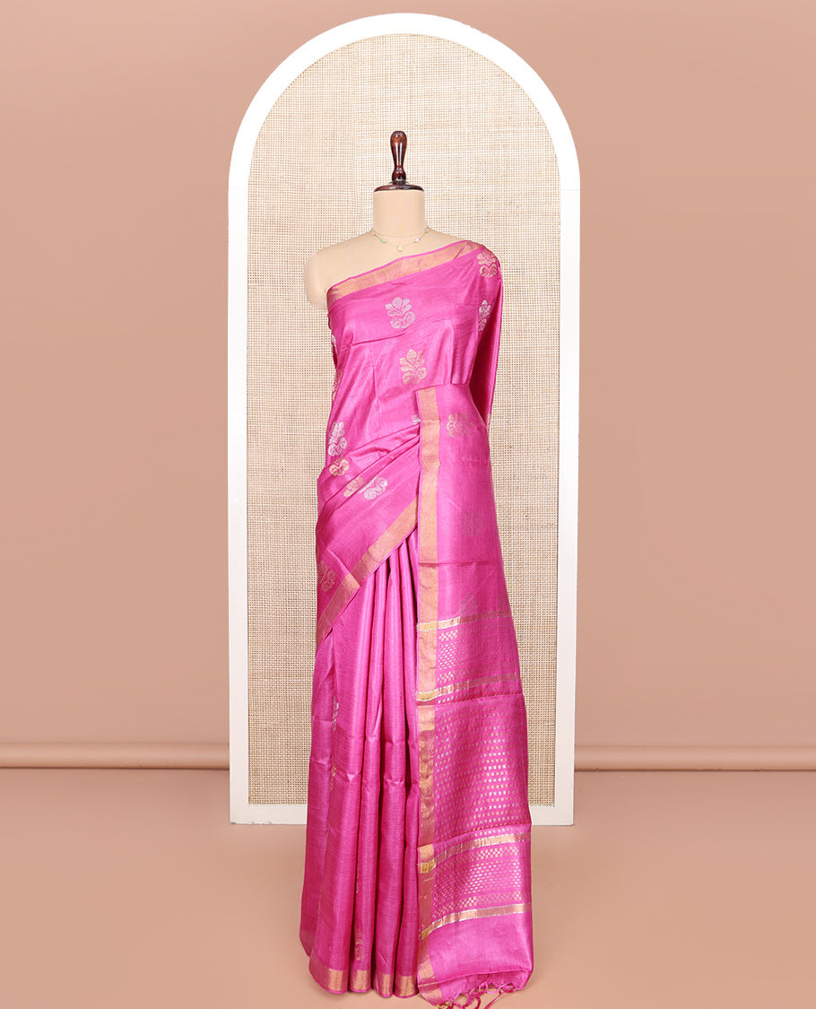 Rani Pink Tussar Silk Saree, Spotlighted with Buttas on Its Body, Piping Border, Pallu Features Zari Checks, and Paired with a Matching Blouse