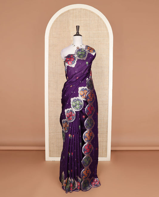 Purple meenakari floral motifs Matka silk saree, scallop floral meenakari design border