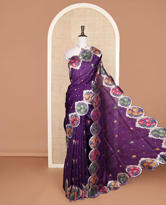 Purple meenakari floral motifs Matka silk saree, scallop floral meenakari design border