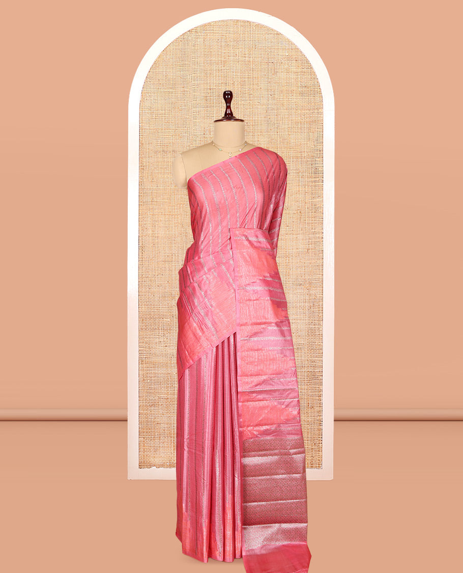 Borderless Pink Tusser Silk Saree, Embellished with Zari Stripes and Temple Design, a Grand Jaal Pallu, and a Matching Blouse