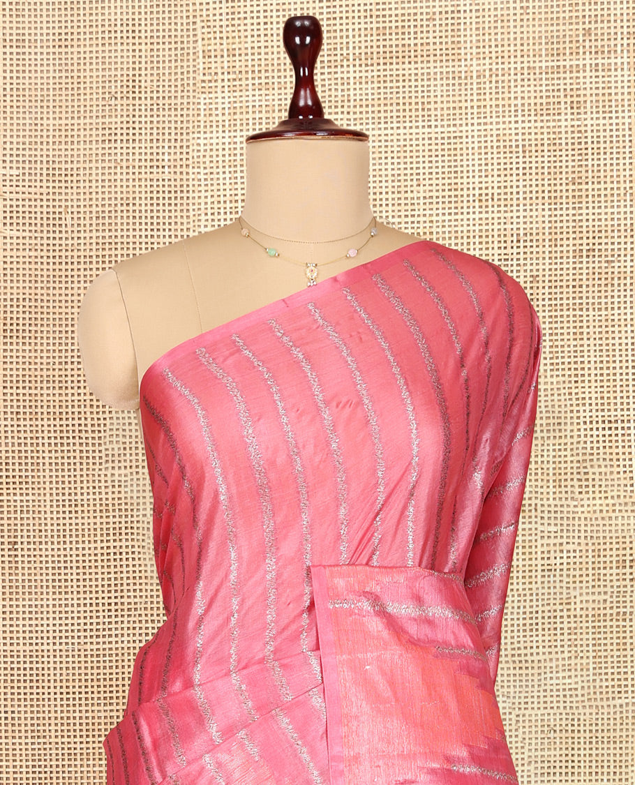 Borderless Pink Tusser Silk Saree, Embellished with Zari Stripes and Temple Design, a Grand Jaal Pallu, and a Matching Blouse