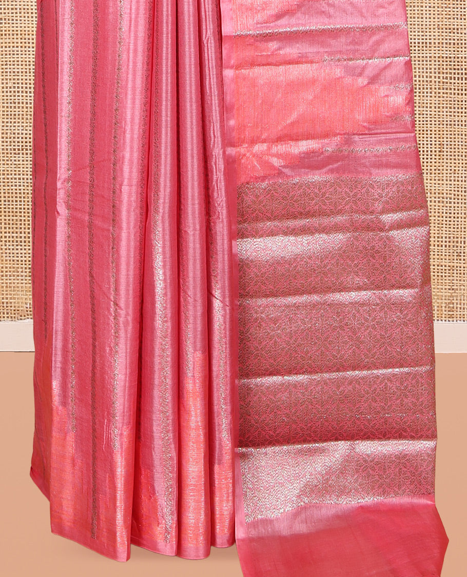 Borderless Pink Tusser Silk Saree, Embellished with Zari Stripes and Temple Design, a Grand Jaal Pallu, and a Matching Blouse