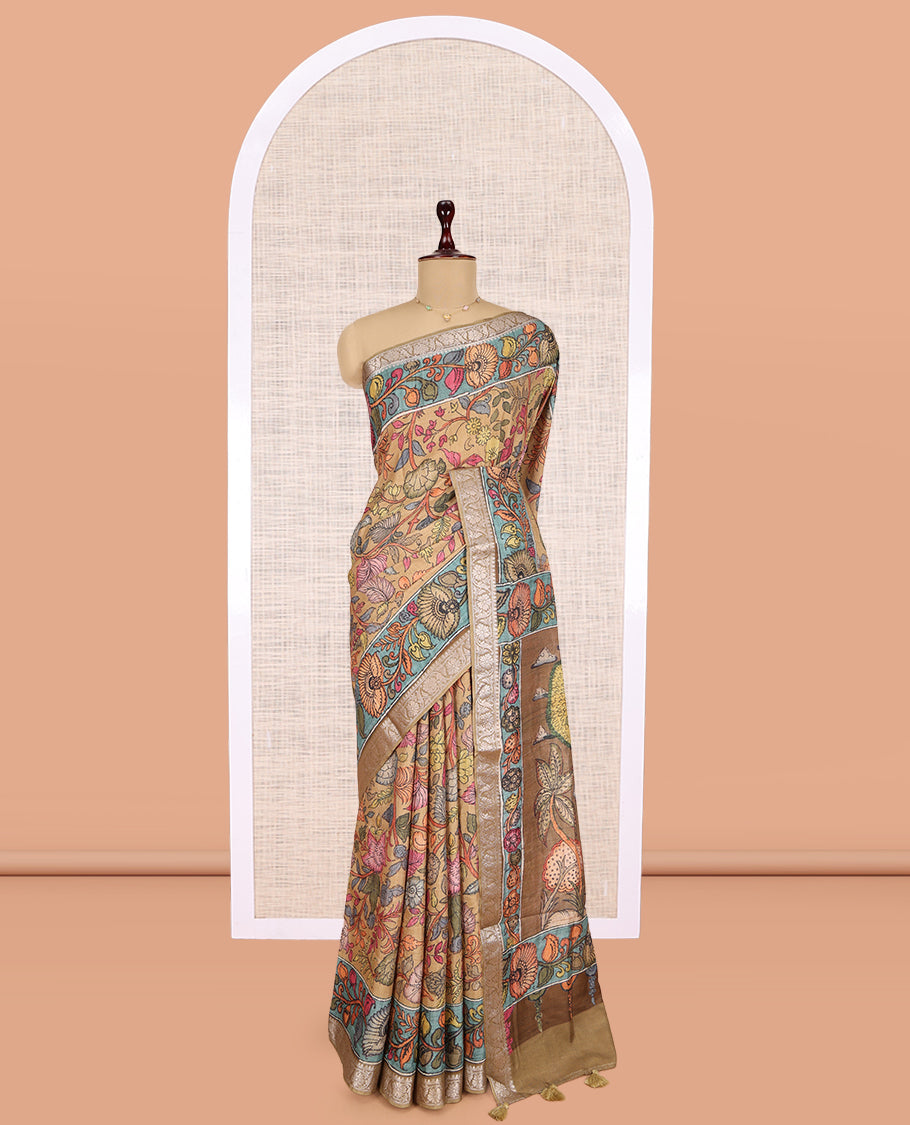 Sandal Kalamkari Printed Fancy Tussar Saree