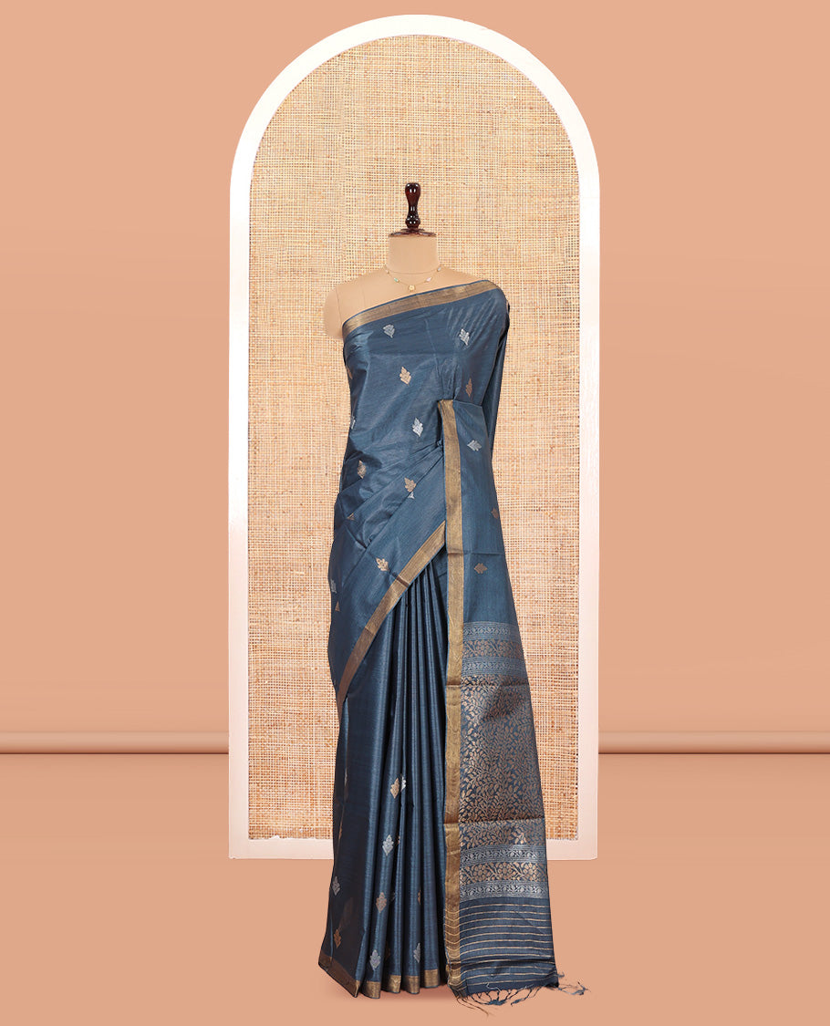 Blue-Grey Tussar Saree, Woven with Buttas, a Piping Border, Floral Vine-Woven Pallu, and a Matching Blouse