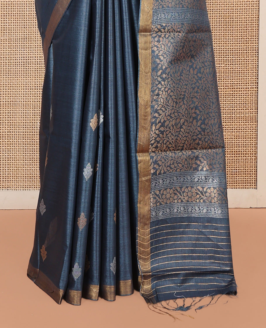 Blue-Grey Tussar Saree, Woven with Buttas, a Piping Border, Floral Vine-Woven Pallu, and a Matching Blouse