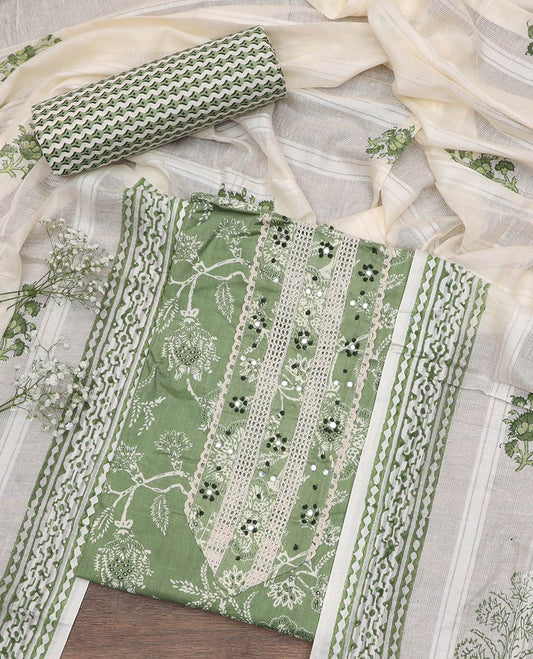 Green material chudidar set, floral print with embroidered top, printed bottom and floral motifs printed dupatta
