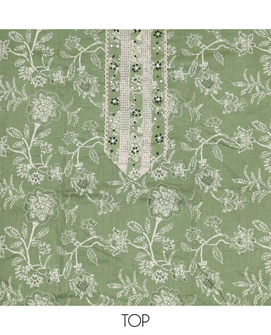 Green material chudidar set, floral print with embroidered top, printed bottom and floral motifs printed dupatta
