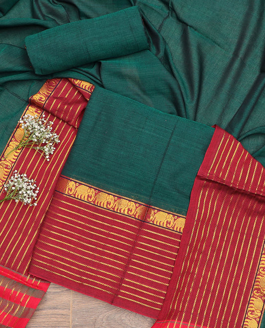 Bottle green striped, elephant design chudidhar material top with plain bottom & plain, zari design border dupatta