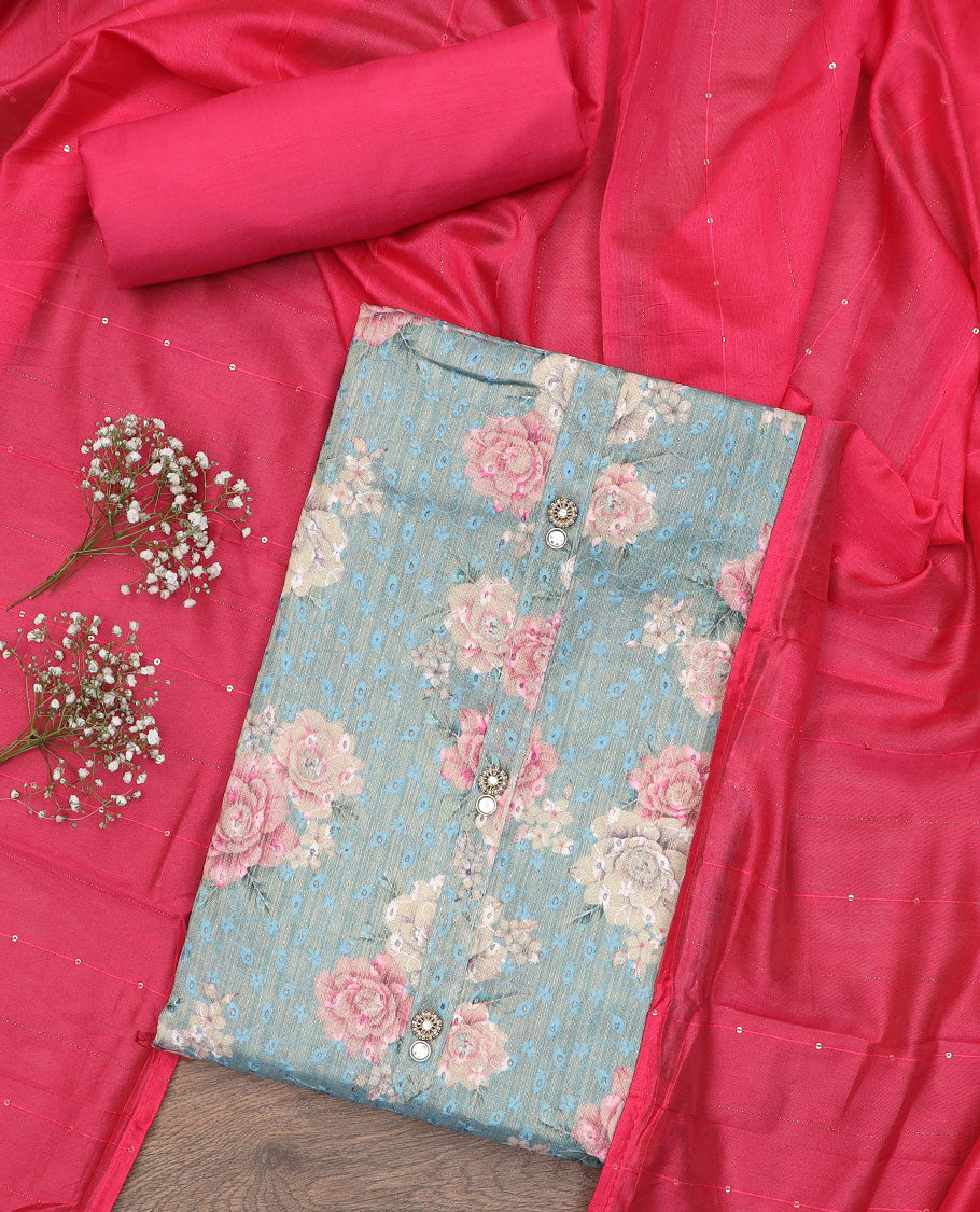 Light blue material chudidar set, rose  print with thread embroidered top, contrast bottom and sequins striped dupatta