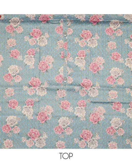 Light blue material chudidar set, rose  print with thread embroidered top, contrast bottom and sequins striped dupatta