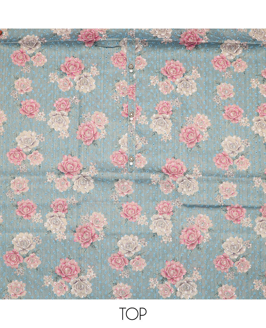 Light blue material chudidar set, rose  print with thread embroidered top, contrast bottom and sequins striped dupatta