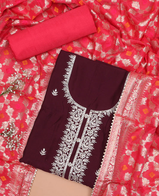 Maroon chudidhar material set, floral embroidery, sequins top , red plain bottom & floral vine zari design dupatta