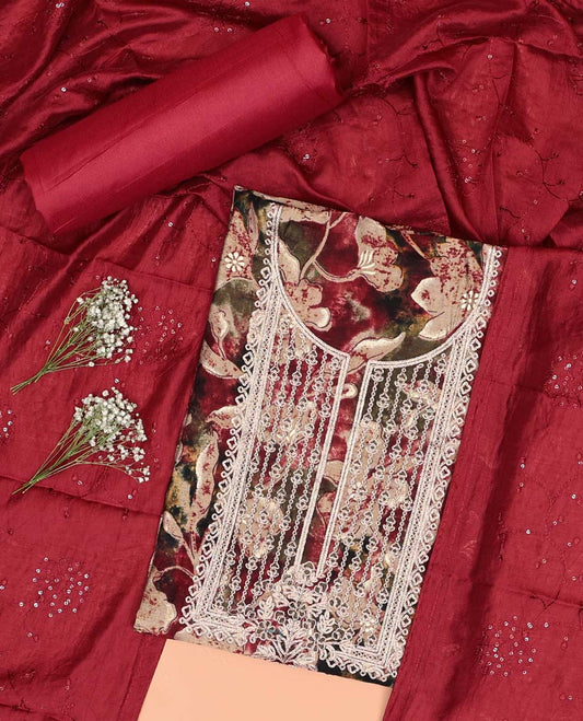 Multi-color floral printed chudidhar material set floral thread embroidered top, red plain bottom & sequins embroidered dupatta