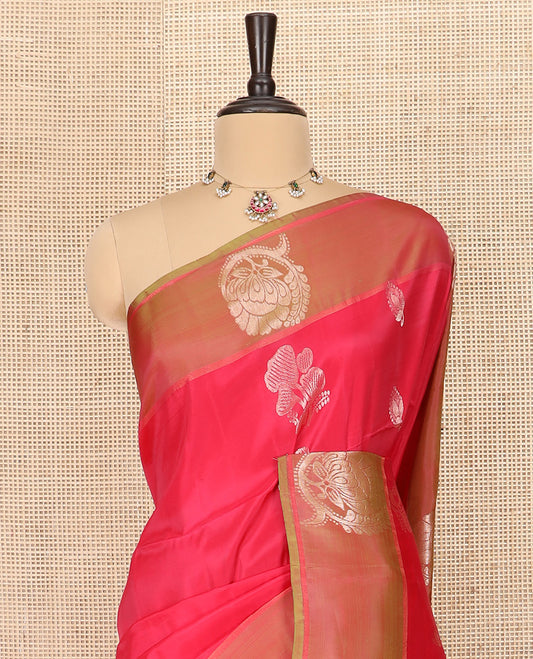 Red Semi Uppada Saree Enlivened with Zari Buttas, Complemented by a Contrasting Zari Design Border, Contrast Pallu Featuring Floral Butta Enclosed Jaal Design, and Paired with a Contrast Blouse