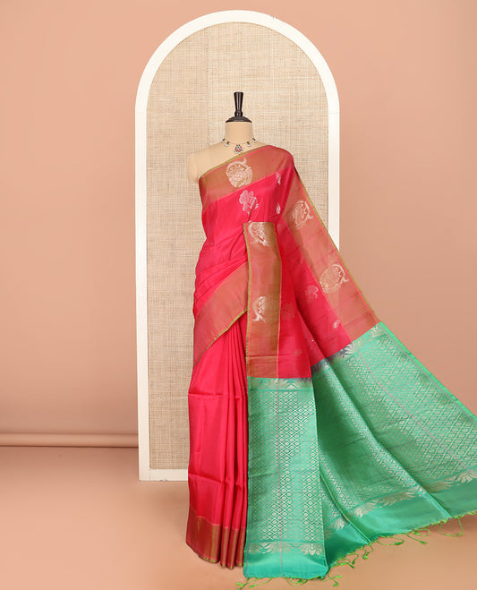 Red Semi Uppada Saree Enlivened with Zari Buttas, Complemented by a Contrasting Zari Design Border, Contrast Pallu Featuring Floral Butta Enclosed Jaal Design, and Paired with a Contrast Blouse