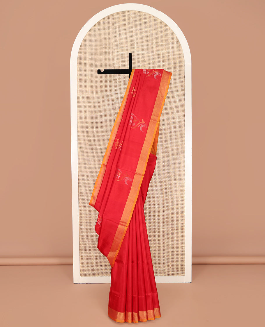 Red Uppada Silk Saree, Elevated with Floral Buttas on Its Body, Complemented by a Contrast Plain Border, Pallu of Floral Designs, and Paired with a Contrast Blouse