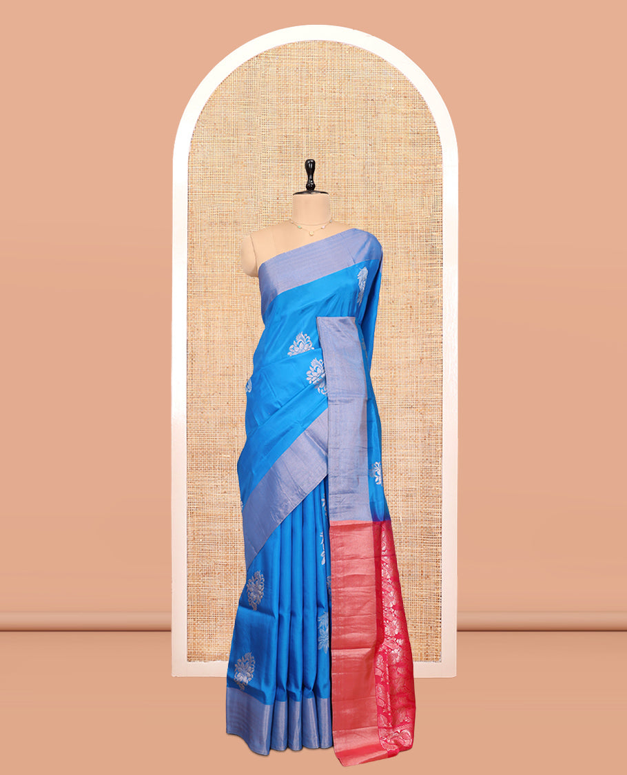 Blue Uppada Saree, Delicately Woven with Floral Buttas, a Bavanji Border, Contrast Intricate Pallu, and a Contrast Blouse