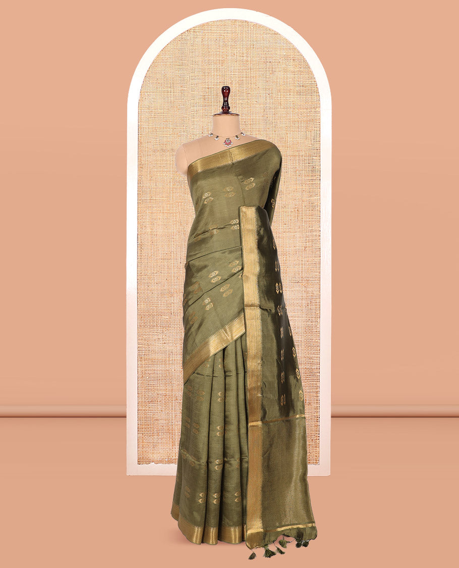 Green Banana Pith Saree, Decorated with Buttas, a Zari Temple Border, Striped Pallu, and Matching Blouse