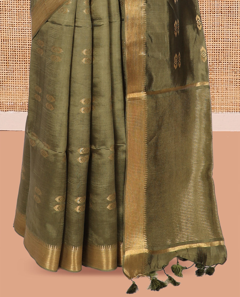 Green Banana Pith Saree, Decorated with Buttas, a Zari Temple Border, Striped Pallu, and Matching Blouse