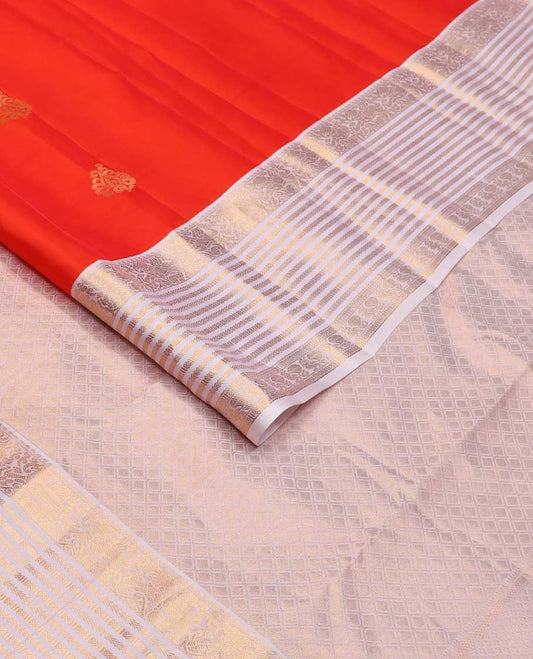 Red zari buttas Vasundhara silk mix saree, contrast border of yaali, kathir, cross kamalam, and mayil designs, and jaal pallu