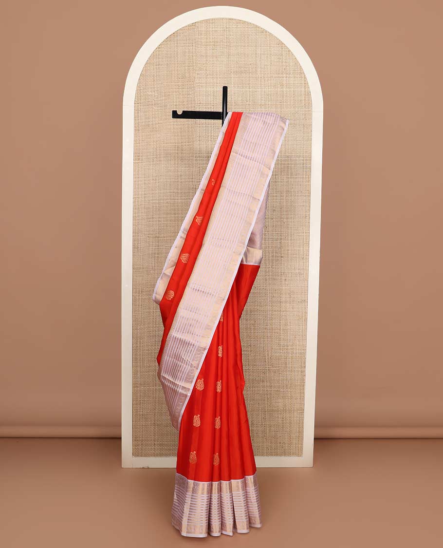Red zari buttas Vasundhara silk mix saree, contrast border of yaali, kathir, cross kamalam, and mayil designs, and jaal pallu