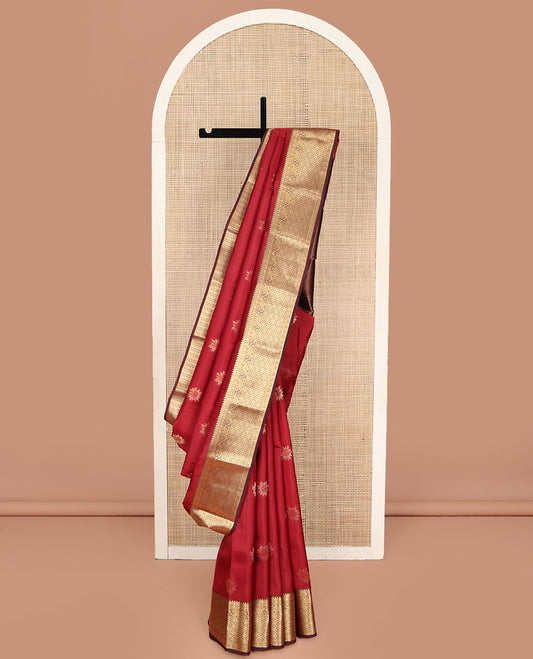 Red Vasundhara Lite Silk Mix Saree, Beautified with Zari Buttas on Its Body, Complemented by a Contrast Border of Manga, Kodi Visiry, and Jaal Designs, Mughal-Style Intricately Designed Pallu, and Paired with a Contrast Blouse