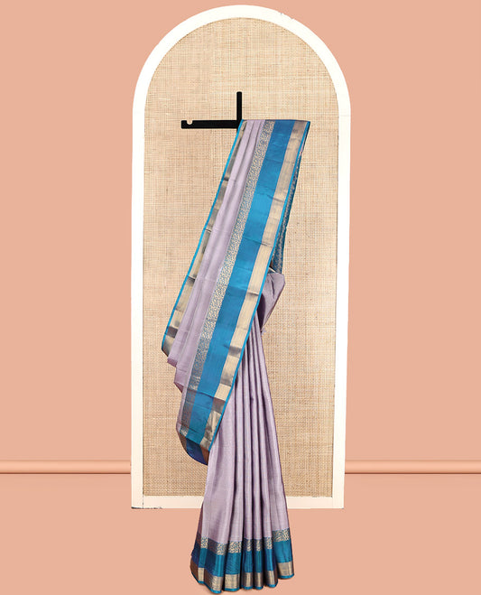 Grey Vasundhara Lite Silk Mix Saree, Highlighted by Zari Checks, Complemented by a Contrast Rettai Pettu Traditional Border, Paiyaadi Kattam Pallu, and a Contrast Blouse