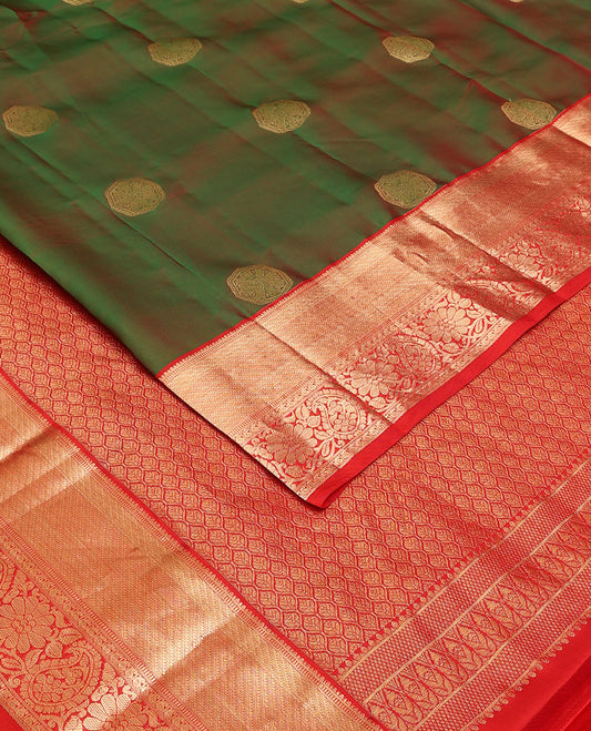 Green zari buttas Vasundhara elite silksaree, contrast zari border of rekku,muthu,floral & paisleys & jaal pallu