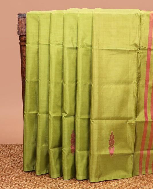 Borderless Green Banana Pith Saree, Gleamed Up with Buttas All Over Its Body, Complemented by a Contrast Pallu of Unique Buttas, and Paired with a Contrast Blouse
