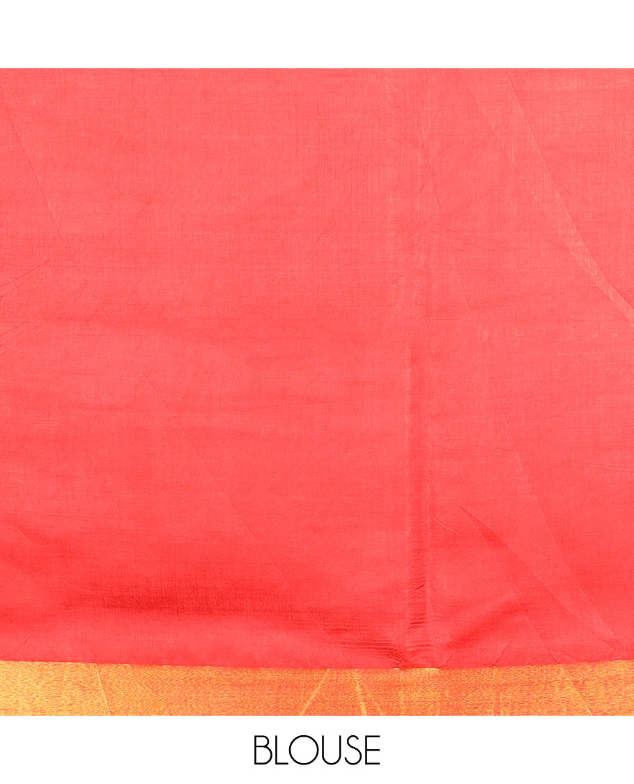 Red buttas banana pith saree, bavanji zari border, and zari striped pallu