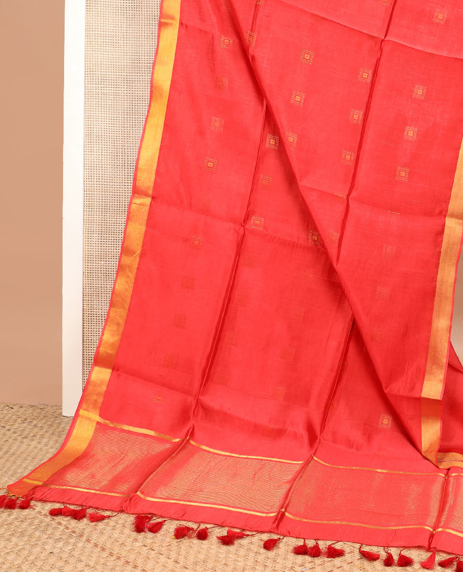 Red buttas banana pith saree, bavanji zari border, and zari striped pallu
