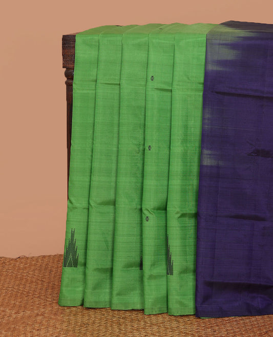 Borderless green buttas banana pith saree, contrast pallu of stripes, and temple buttas