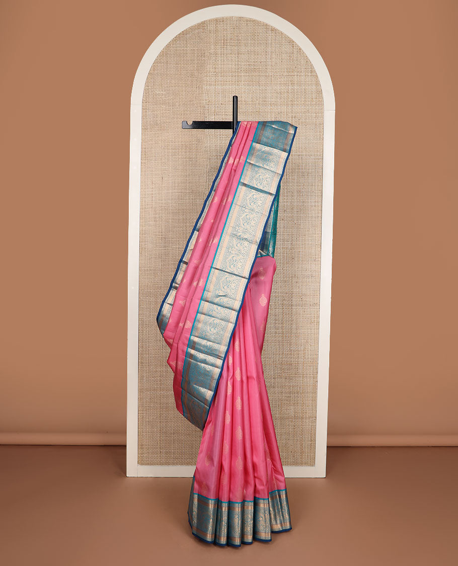 Pink zari buttas silk saree, contrast border of rekku,muthu,dhavana kodi,kuyil kann,mayil & iru thalai pakshi & pallu of traditional designs