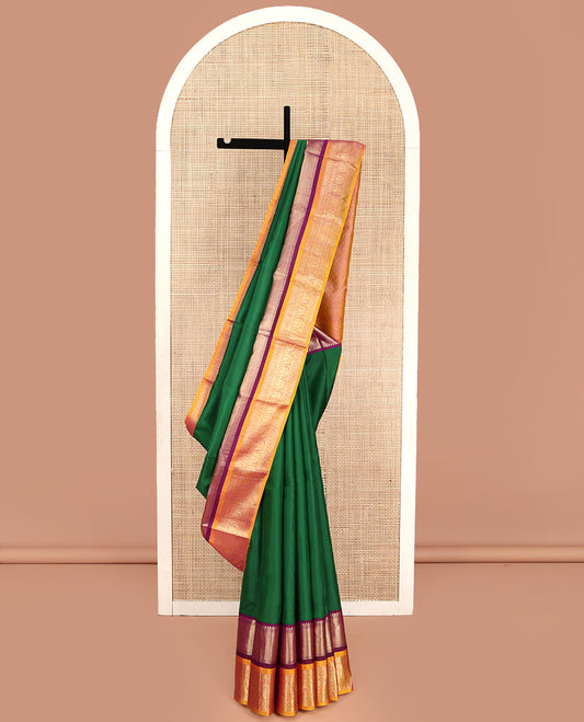 Green Plain Vasundhara Lite Silk Mix Saree, Complemented by a Contrast Border of Muthu, Vanki, Rekku, Banaras, Neli, and Iruthalai Pakshi Designs, Grand Jaal Pallu, and Paired with a Contrast Blouse