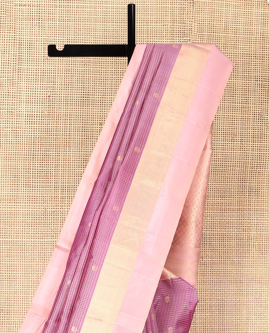 Pink Vasundhara Silk Saree, Bedecked with Zari Buttas and Checks, Complemented by a Contrast Kal Eragina Border of Ara Bogudi, Muthu, and Ara Maadam, Jaal Pallu, and a Contrast Blouse