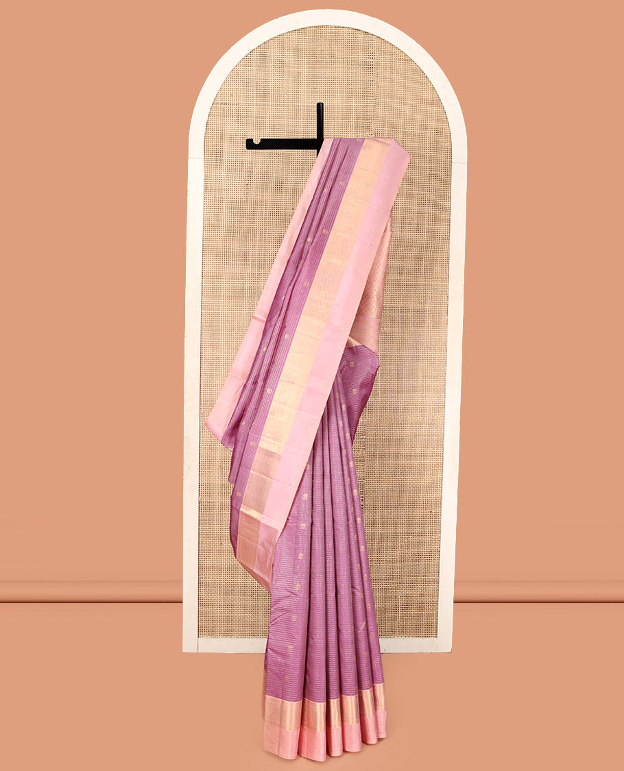 Pink Vasundhara Silk Saree, Bedecked with Zari Buttas and Checks, Complemented by a Contrast Kal Eragina Border of Ara Bogudi, Muthu, and Ara Maadam, Jaal Pallu, and a Contrast Blouse