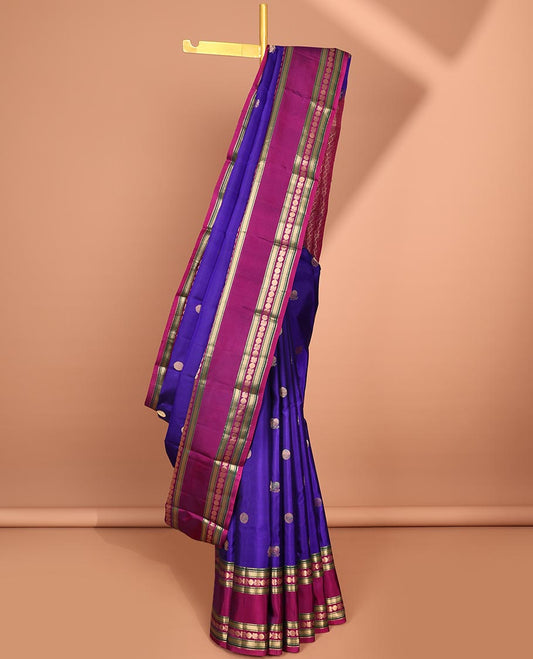 Blue zari buttas silk saree, contrast jaal pallu & rettai pettu border of rekku,Muthu,banaras & mayil poun