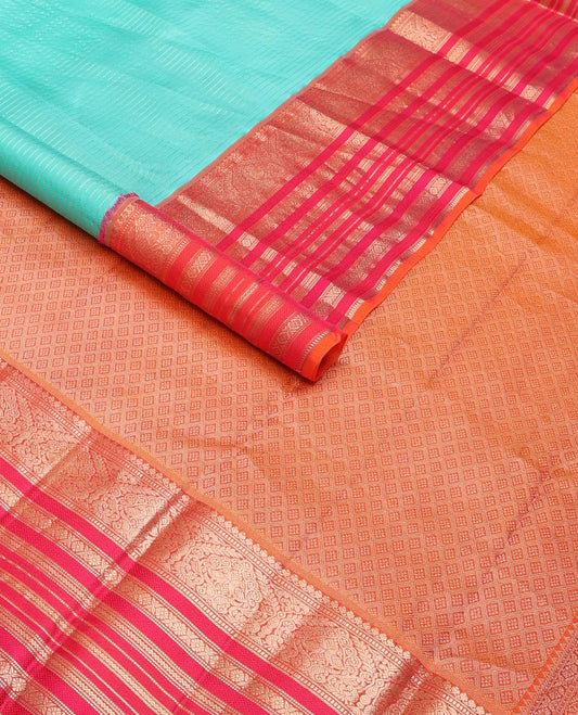 Blue zari design silk saree, contrast ganga jamuna border of thilakam mokku,muthu,mayil, cross kamalam & neli design & jaal pallu