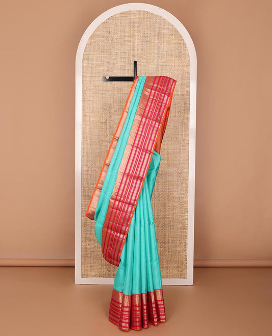 Blue zari design silk saree, contrast ganga jamuna border of thilakam mokku,muthu,mayil, cross kamalam & neli design & jaal pallu