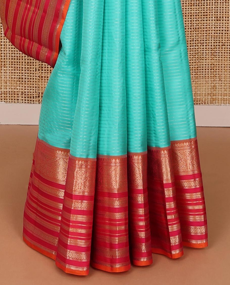 Blue zari design silk saree, contrast ganga jamuna border of thilakam mokku,muthu,mayil, cross kamalam & neli design & jaal pallu