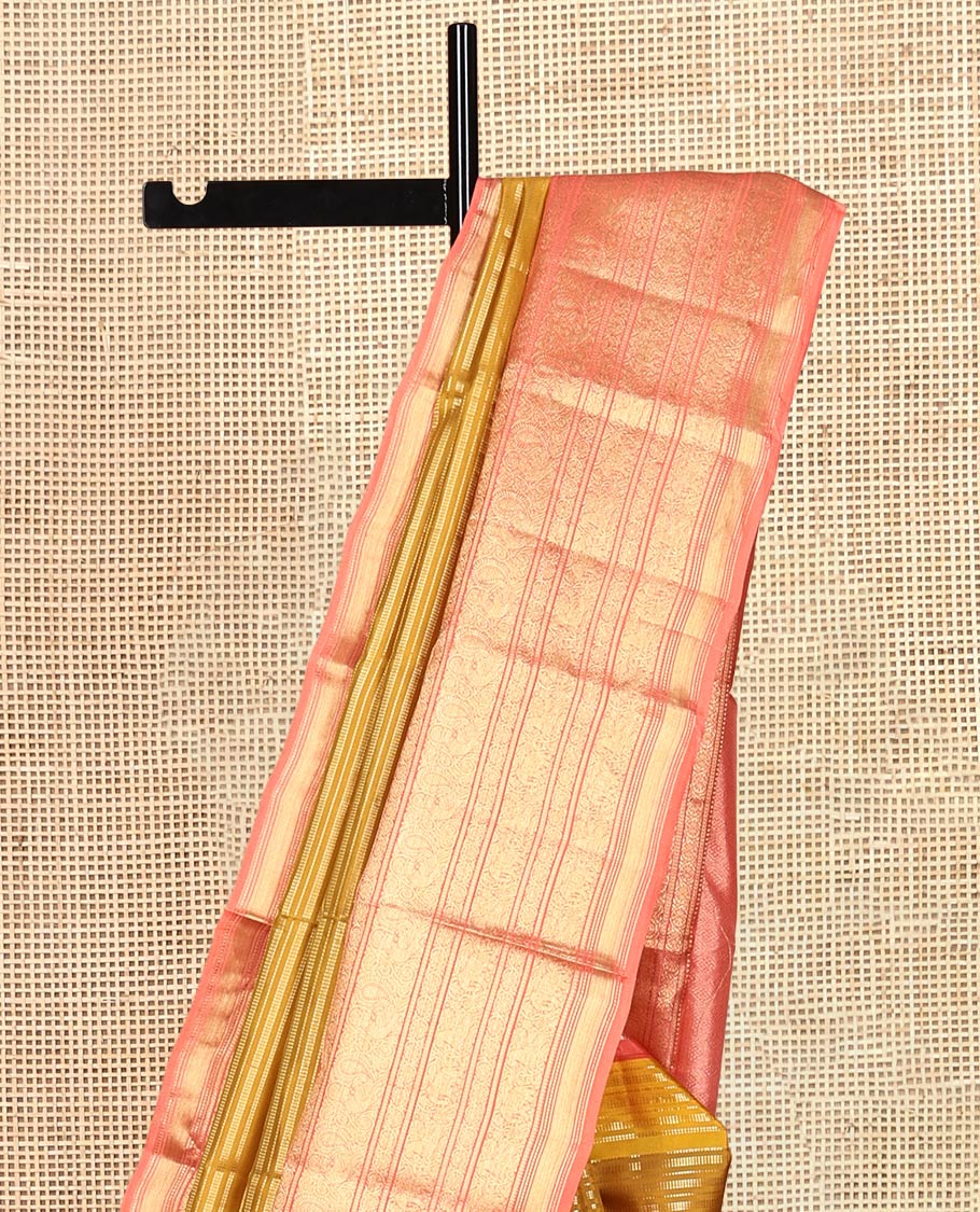 Yellow Striped Vasundhara Silk Saree, Complemented by a Contrast Border of Rekku, Kathir, Kodi Visiry, Mayil, and Yaanai Designs, Grand Pallu, and Contrast Blouse