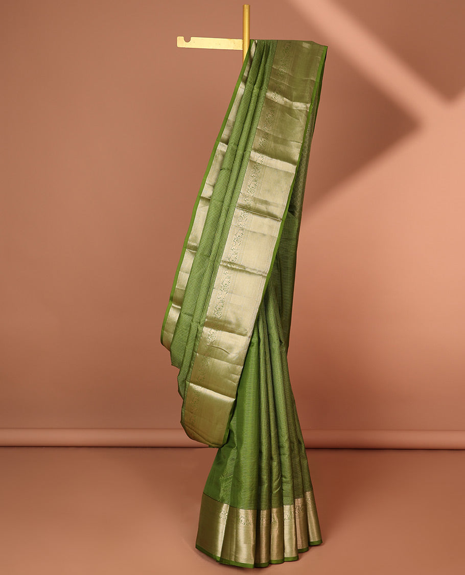 Green checked  silk saree with self traditional zari border & intricate zari design pallu