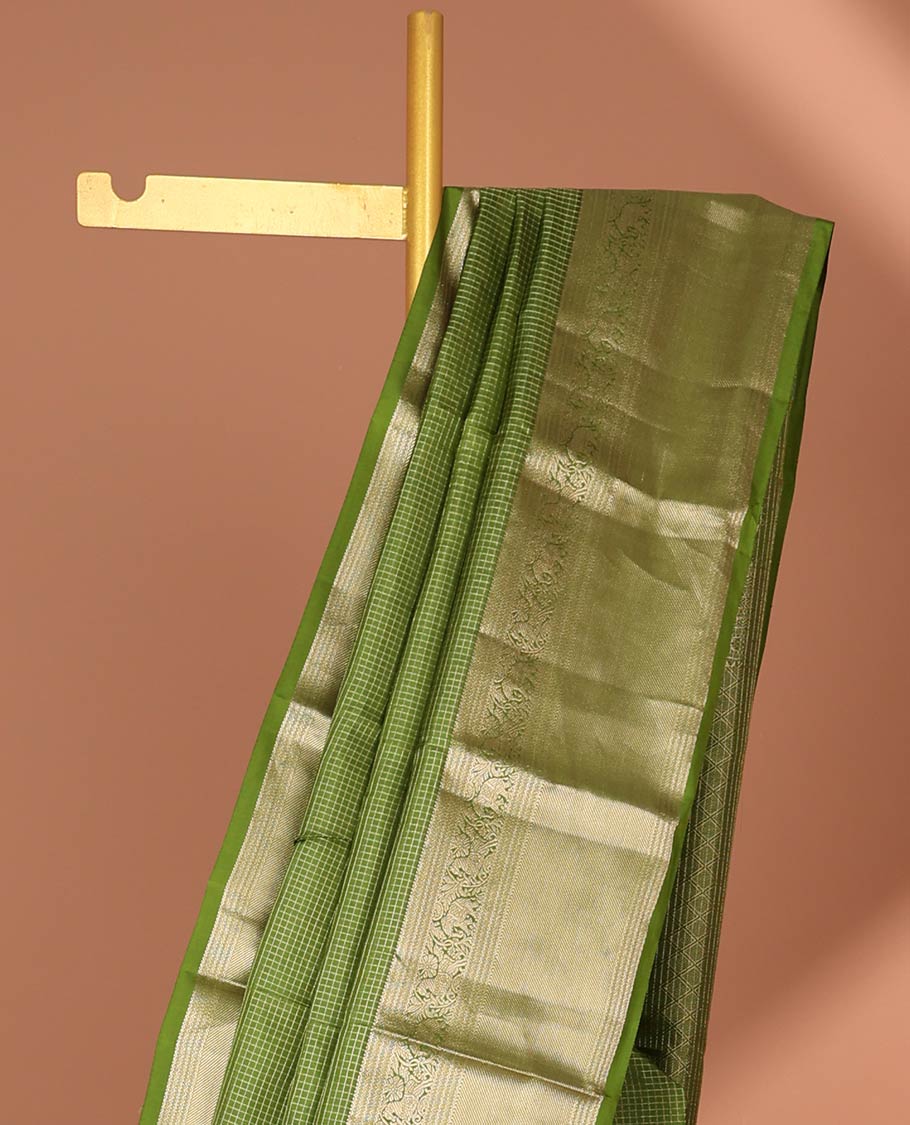 Green checked  silk saree with self traditional zari border & intricate zari design pallu